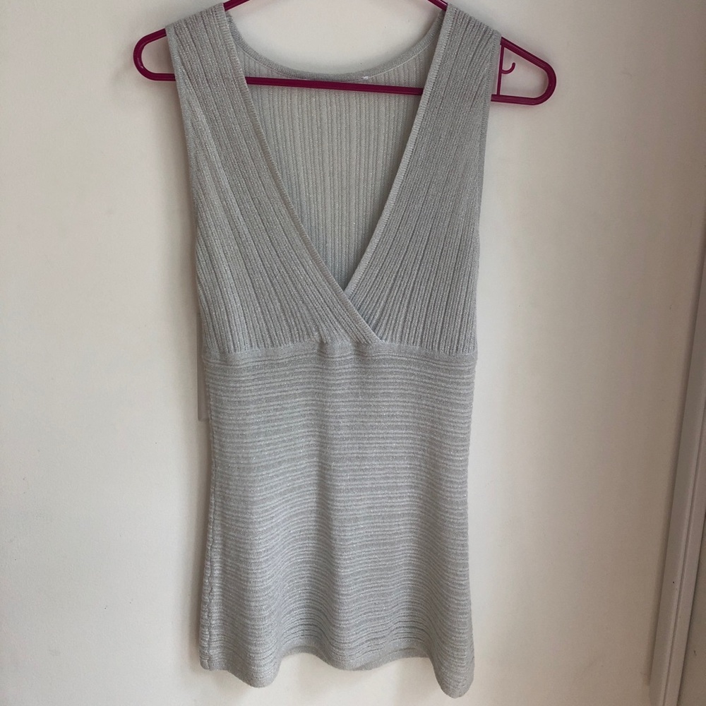 Metallic silver V neck sweater